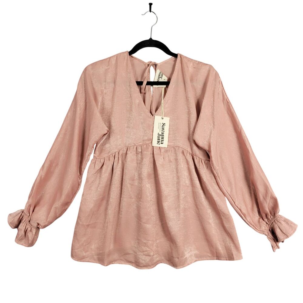 NWT SAVANNA JANE 19624 Pink Satin Long Sleeve Feminine Babydoll Top SIZE SMALL